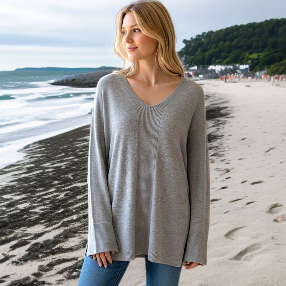 Joan Vass Cashmere Cozy Sweater M Relaxed Gray Bell Sleeves V Neck Quiet Luxury - Picture 13 of 16
